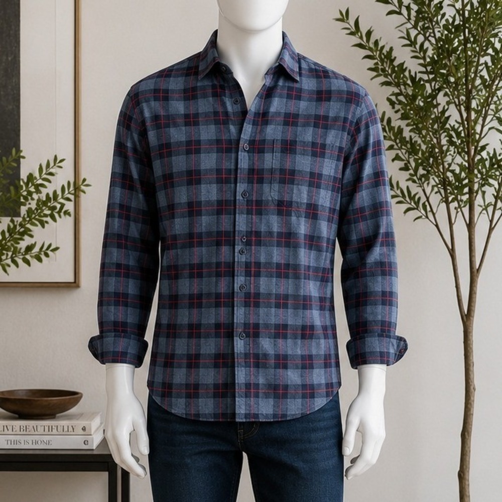 johnnie-O Mens Hangin Out Plaid Flannel Button Down Shirt Blue Red Medium